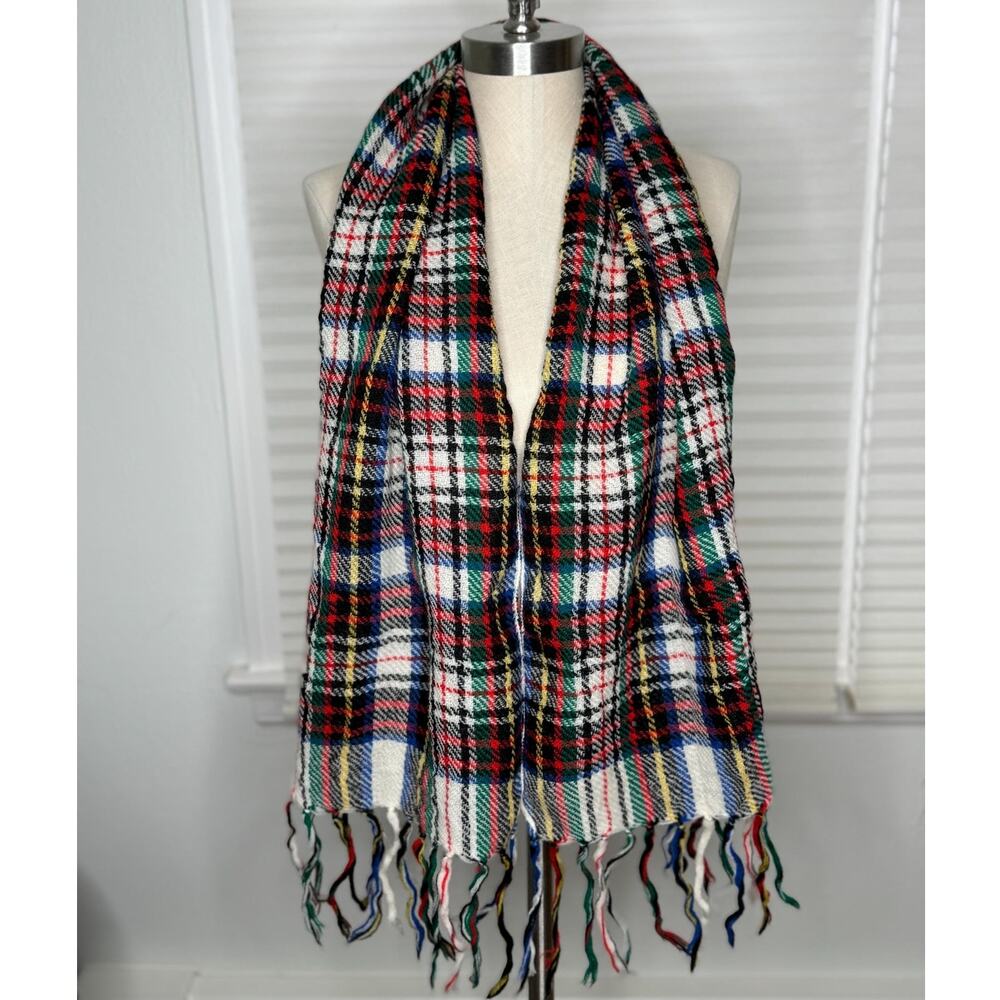 Vintage Plaid Scarf With Fringe, Primary Colors, Winter Scarf, Holiday